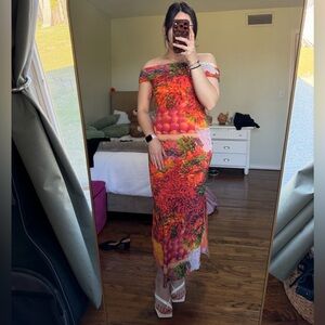 Zara Off-Shoulder Orange Floral/ Fruit Maxi Dress